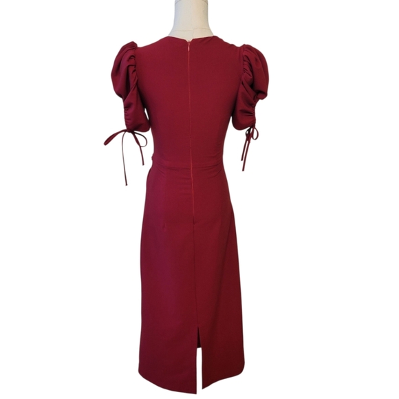 NDK Deep Red Puff Sleeve Midi Length Dress Size Small - Picture 4 of 5